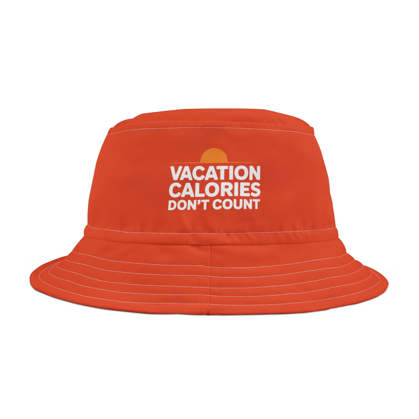Funny range bucket hat with 'Vacation Calories Don't Count' text on a white background. TEEZOCA