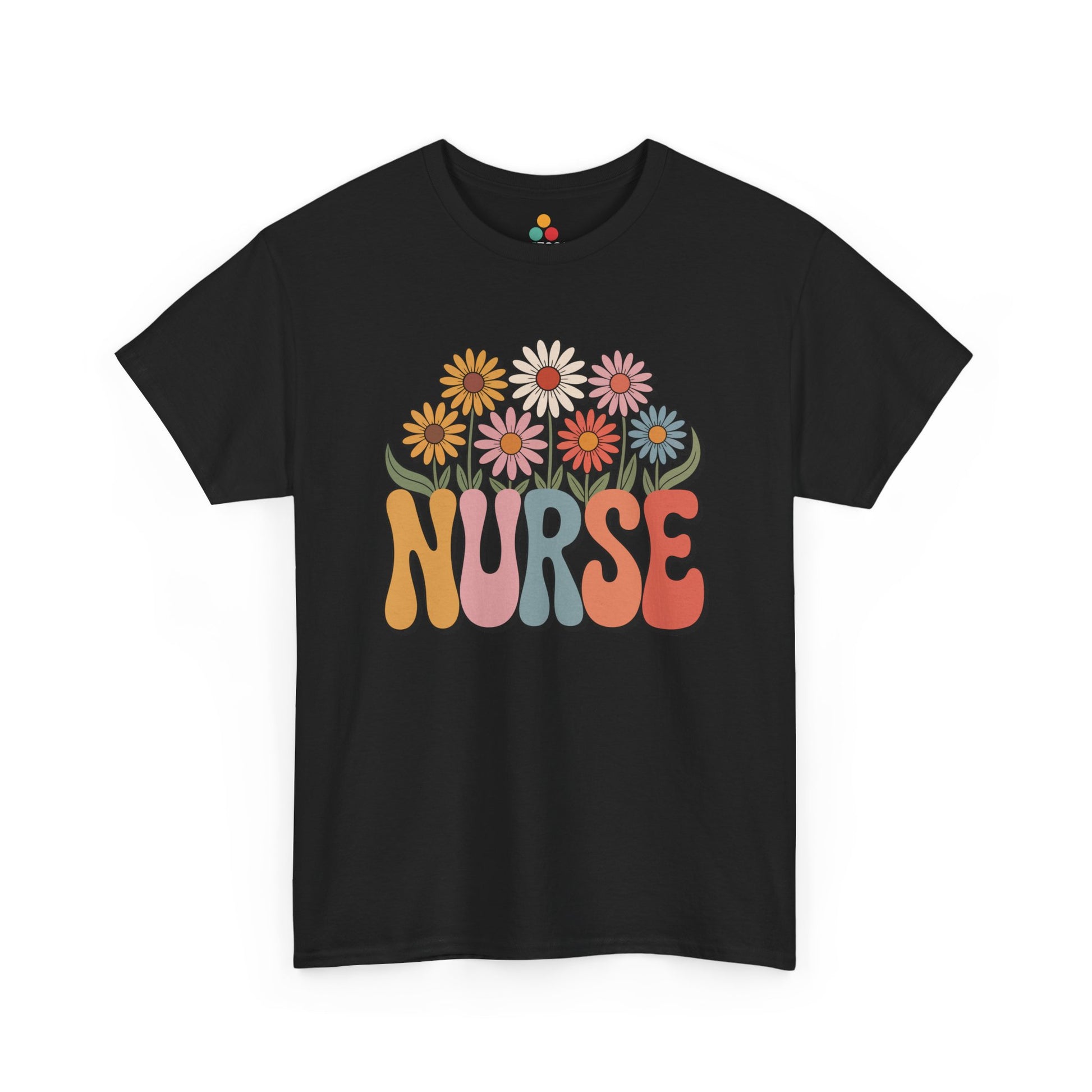 Cute groovy “NURSE” Black tee shirt with pastel daisy flowers and bubbly retro letters, perfect aesthetic nurse tee for RNs, LPNs, CNAs, and nursing students who love fun, colorful scrubs style.

