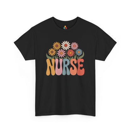 Cute groovy “NURSE” Black tee shirt with pastel daisy flowers and bubbly retro letters, perfect aesthetic nurse tee for RNs, LPNs, CNAs, and nursing students who love fun, colorful scrubs style.

