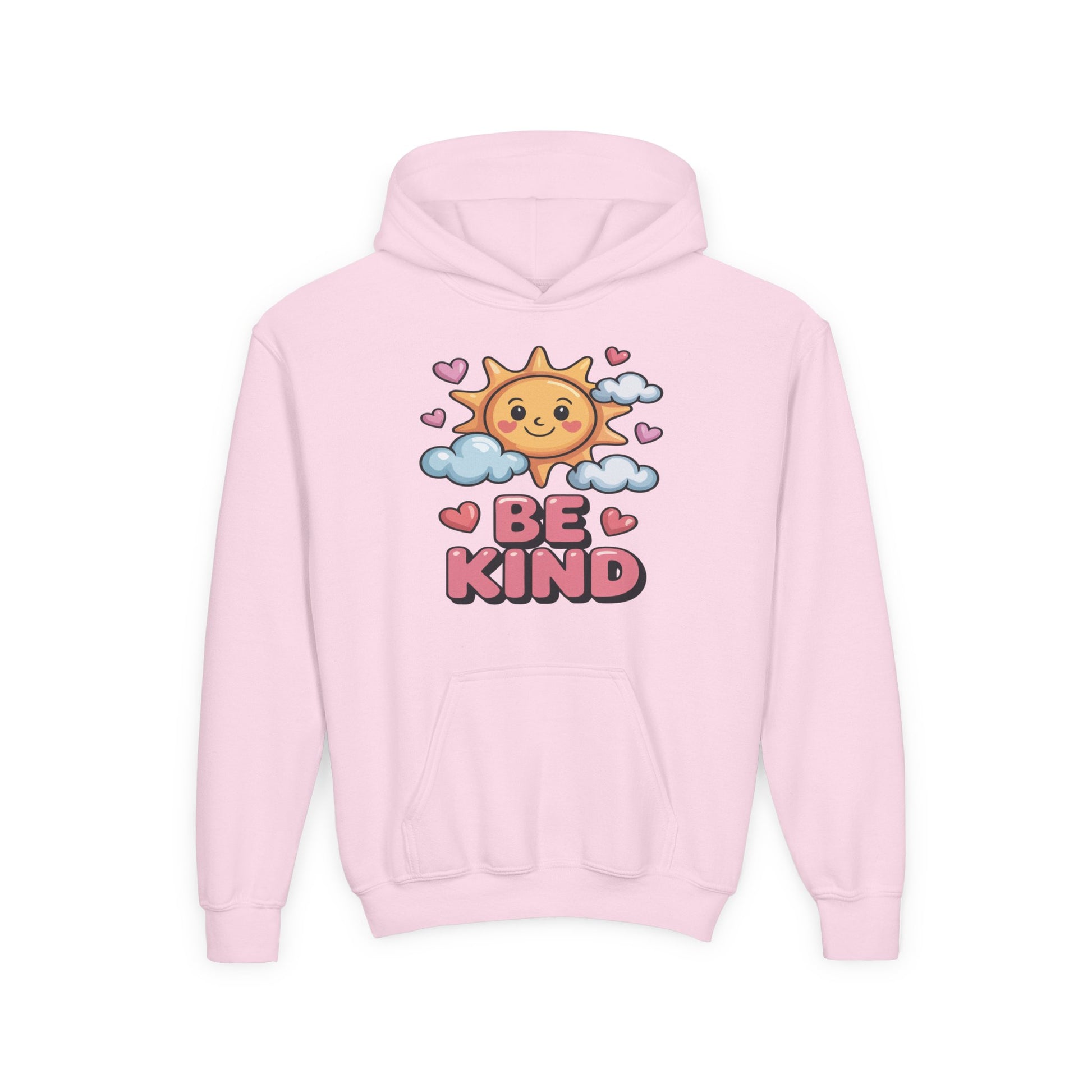 Children’s hoodie showing a happy sun design with Be Kind text TEEZOCA