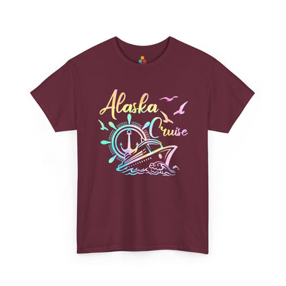 “Teezoca maroon Alaska Cruise shirt, rainbow ship with anchor helm and seabirds, Alaska vacation souvenir tee, front.”

