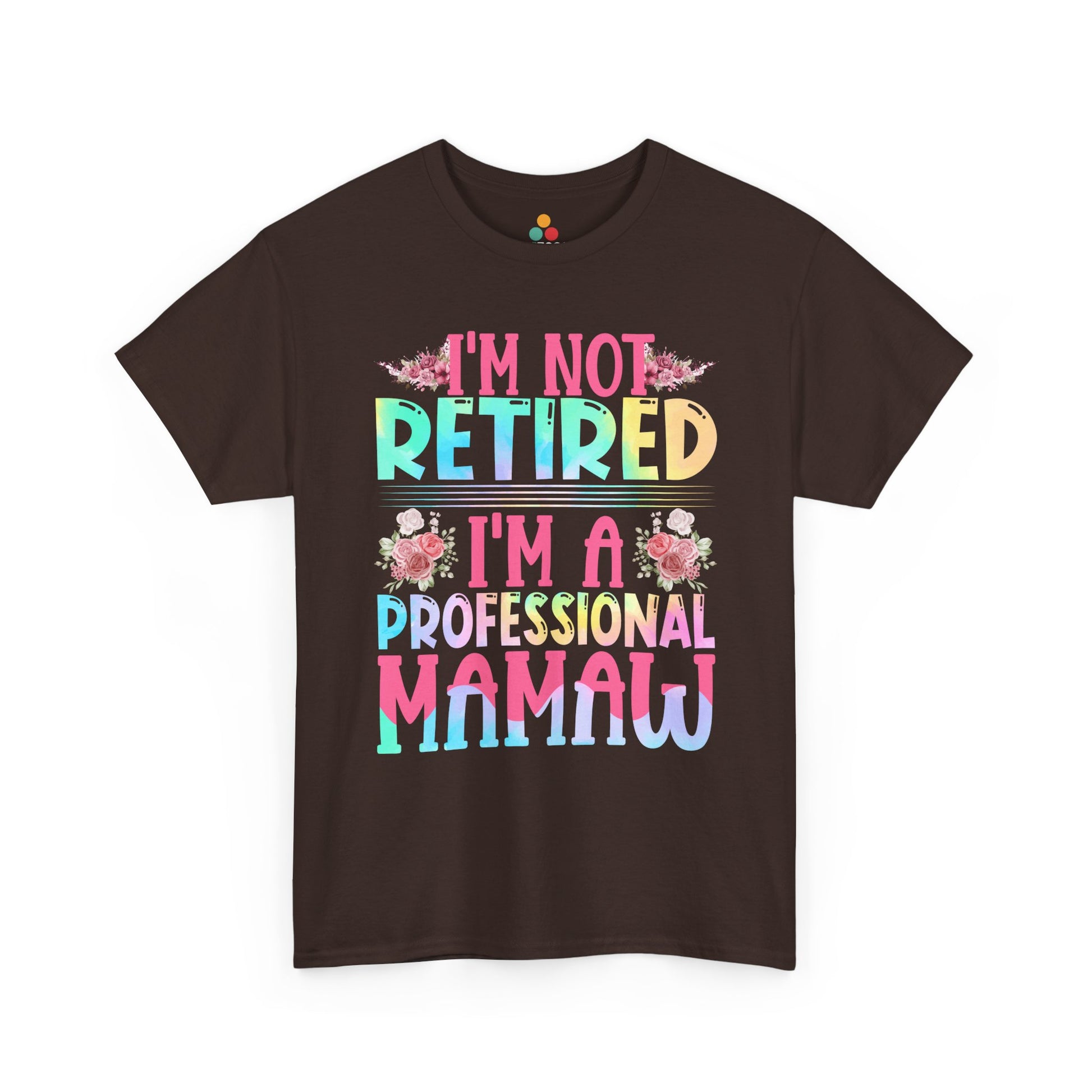 "Teezoca brown Professional Mamaw shirt, colorful letters and flower accents, grandmother retirement tee, front"

