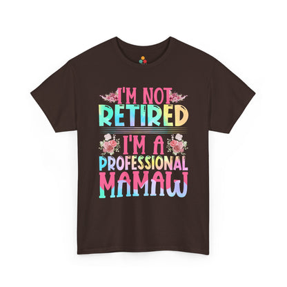 "Teezoca brown Professional Mamaw shirt, colorful letters and flower accents, grandmother retirement tee, front"

