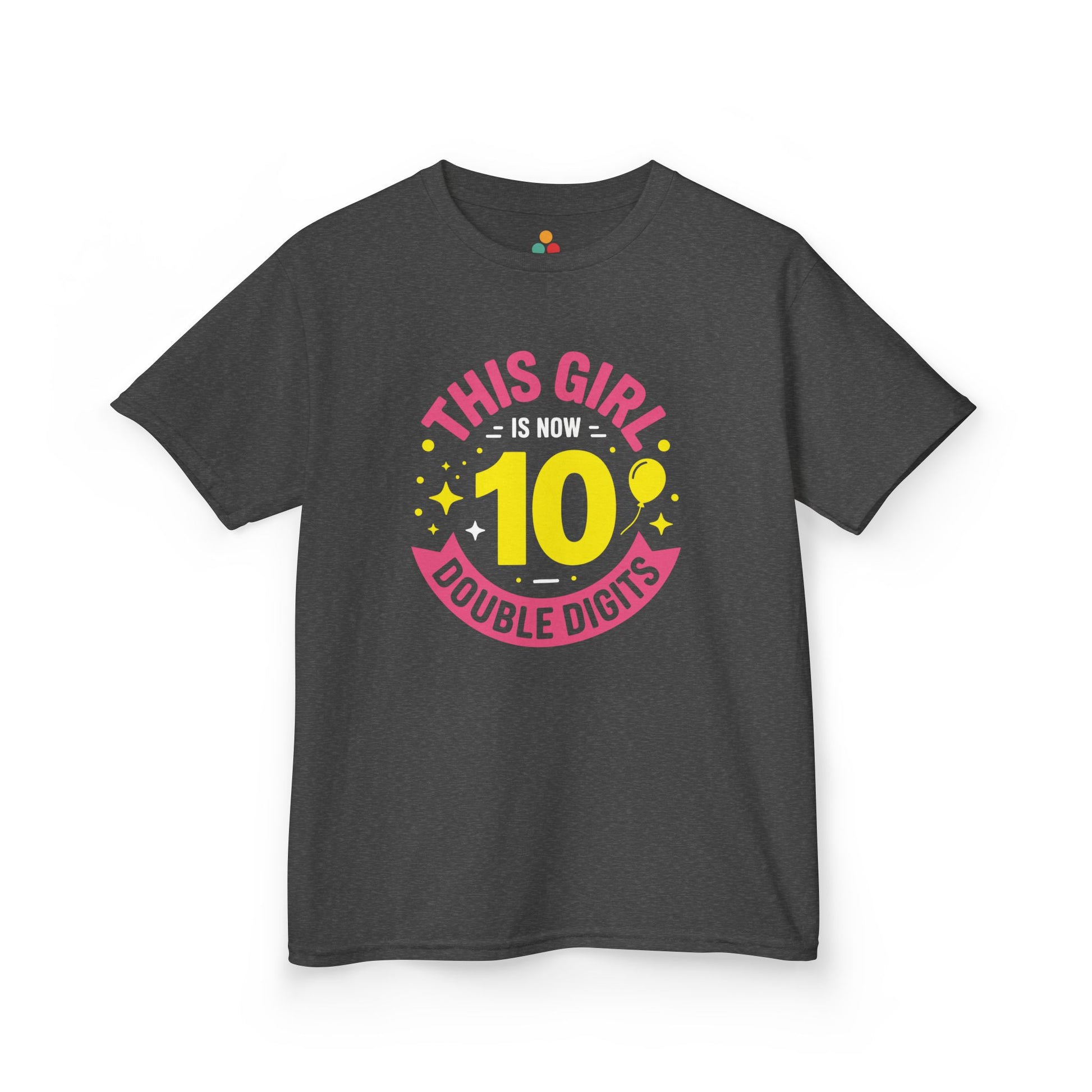 "GRAY girls 'This Girl is Now 10 Double Digits' shirt with bright yellow 10 surrounded by stars, flat front."

