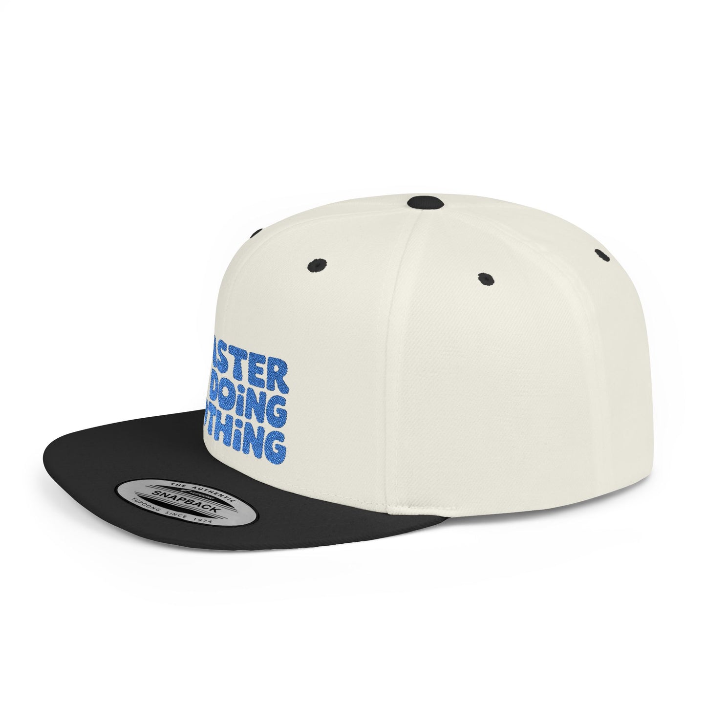 White and black cap with blue text on a white background