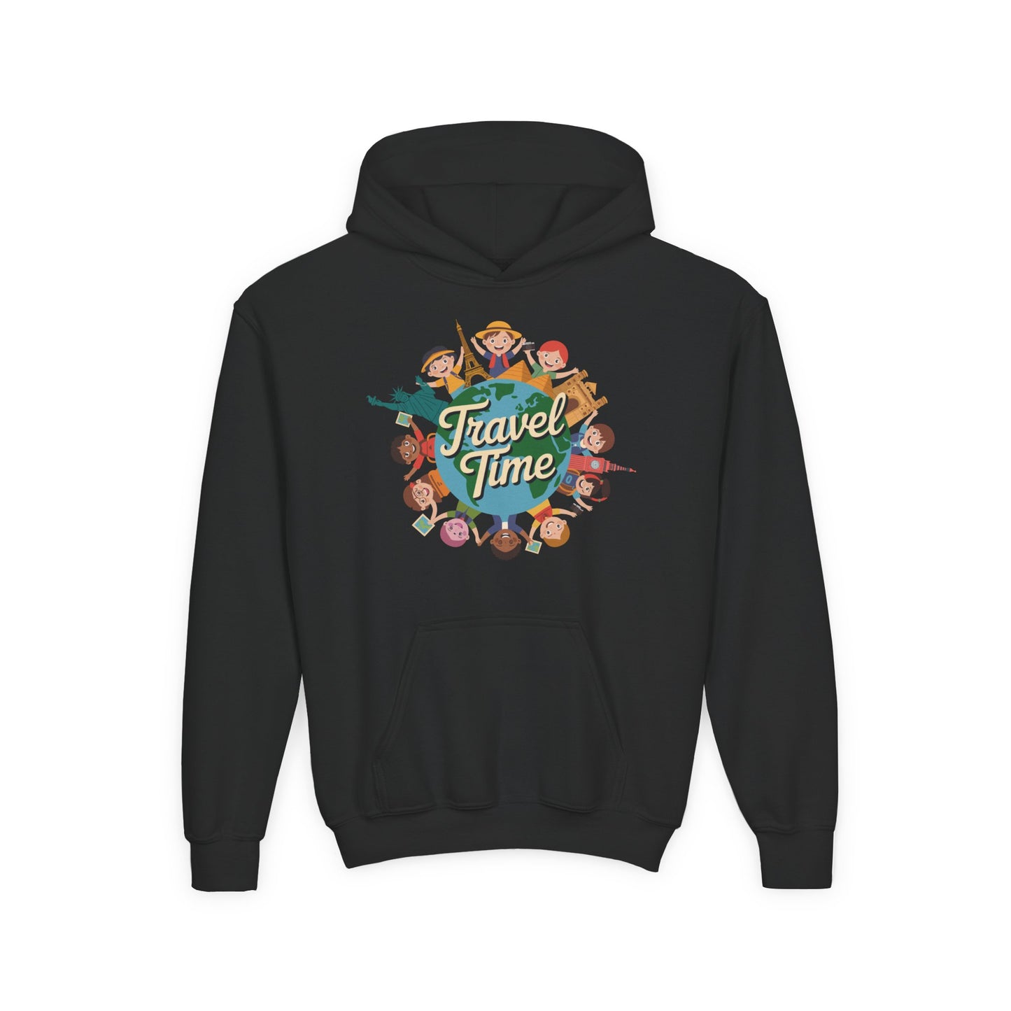 Kids hoodie featuring a colorful Travel Time globe with happy children TEEZOCA