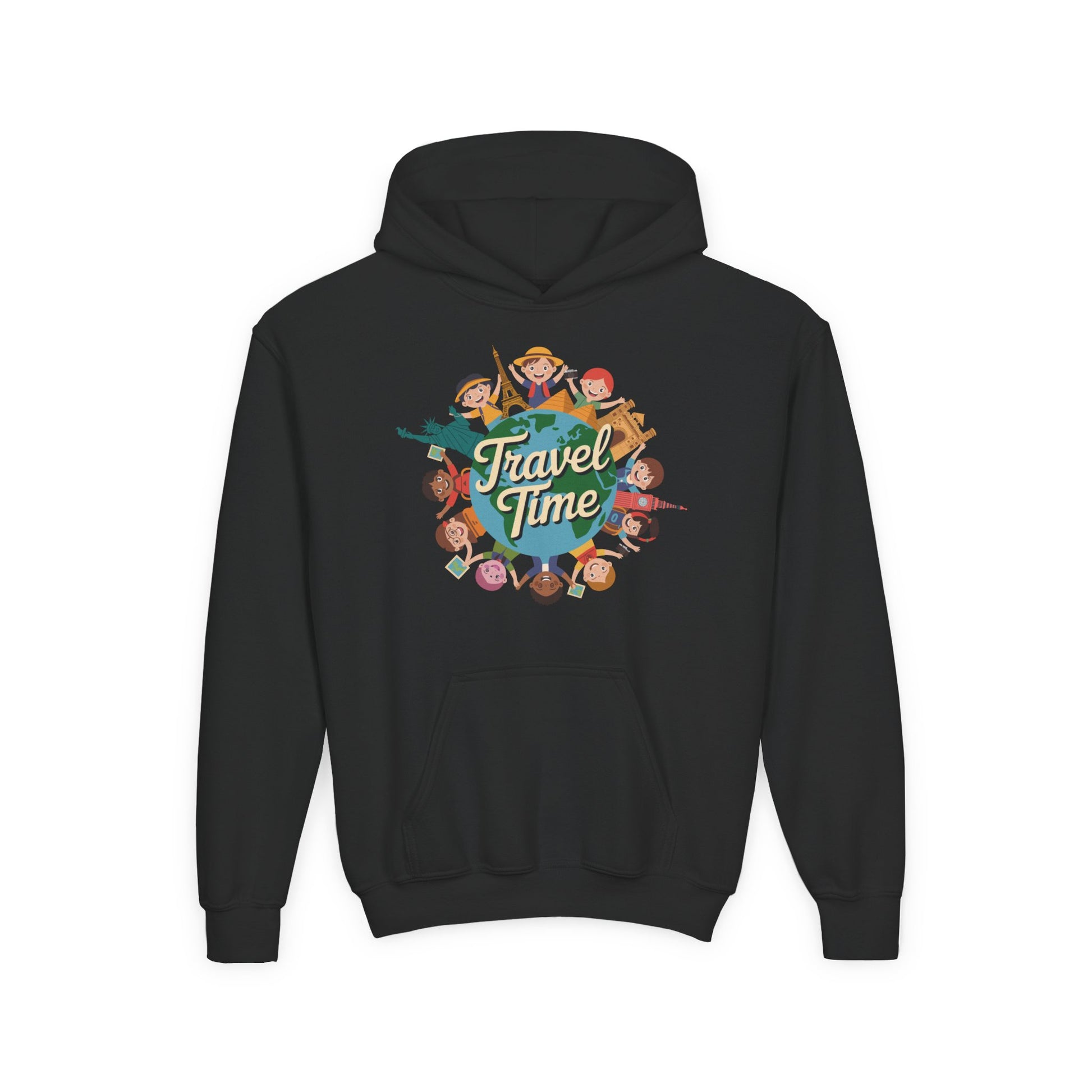 Kids hoodie featuring a colorful Travel Time globe with happy children TEEZOCA
