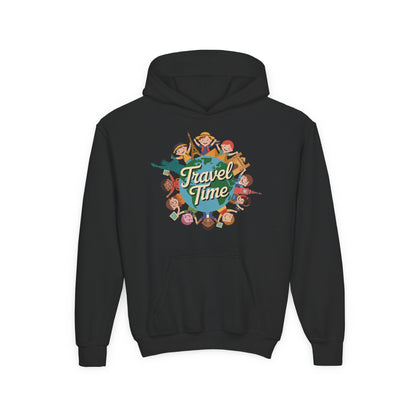 Kids hoodie featuring a colorful Travel Time globe with happy children TEEZOCA