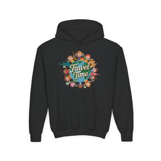 Kids hoodie featuring a colorful Travel Time globe with happy children TEEZOCA