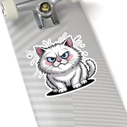 TEEZOCA grumpy white cat cartoon sticker with angry expression