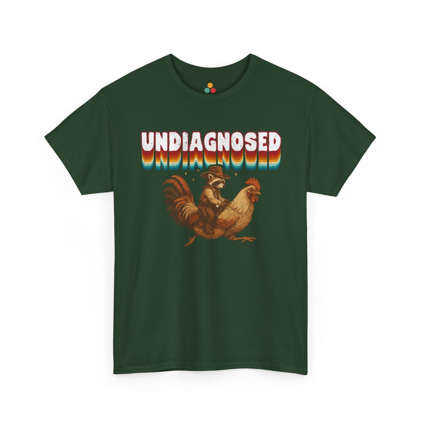 Green t-shirt with a graphic of a person and chicken with 'undiagnosed' text on a white background