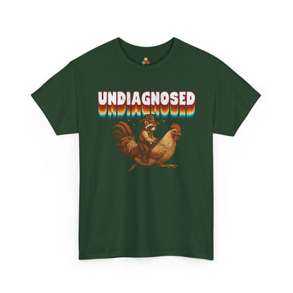 Green t-shirt with a graphic of a person and chicken with 'undiagnosed' text on a white background