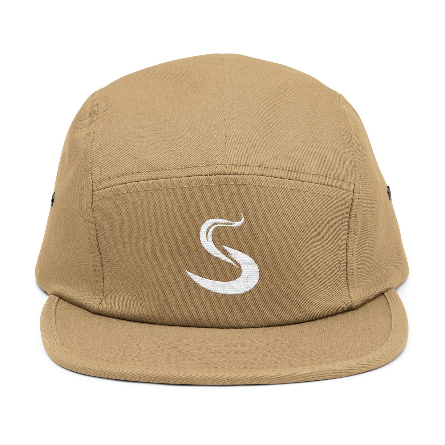 Tan cap with a white logo on a white background. Minimalist S-shaped steam swirl embroidery design in bold white stitched on a 5-panel cap by TEEZOCA
