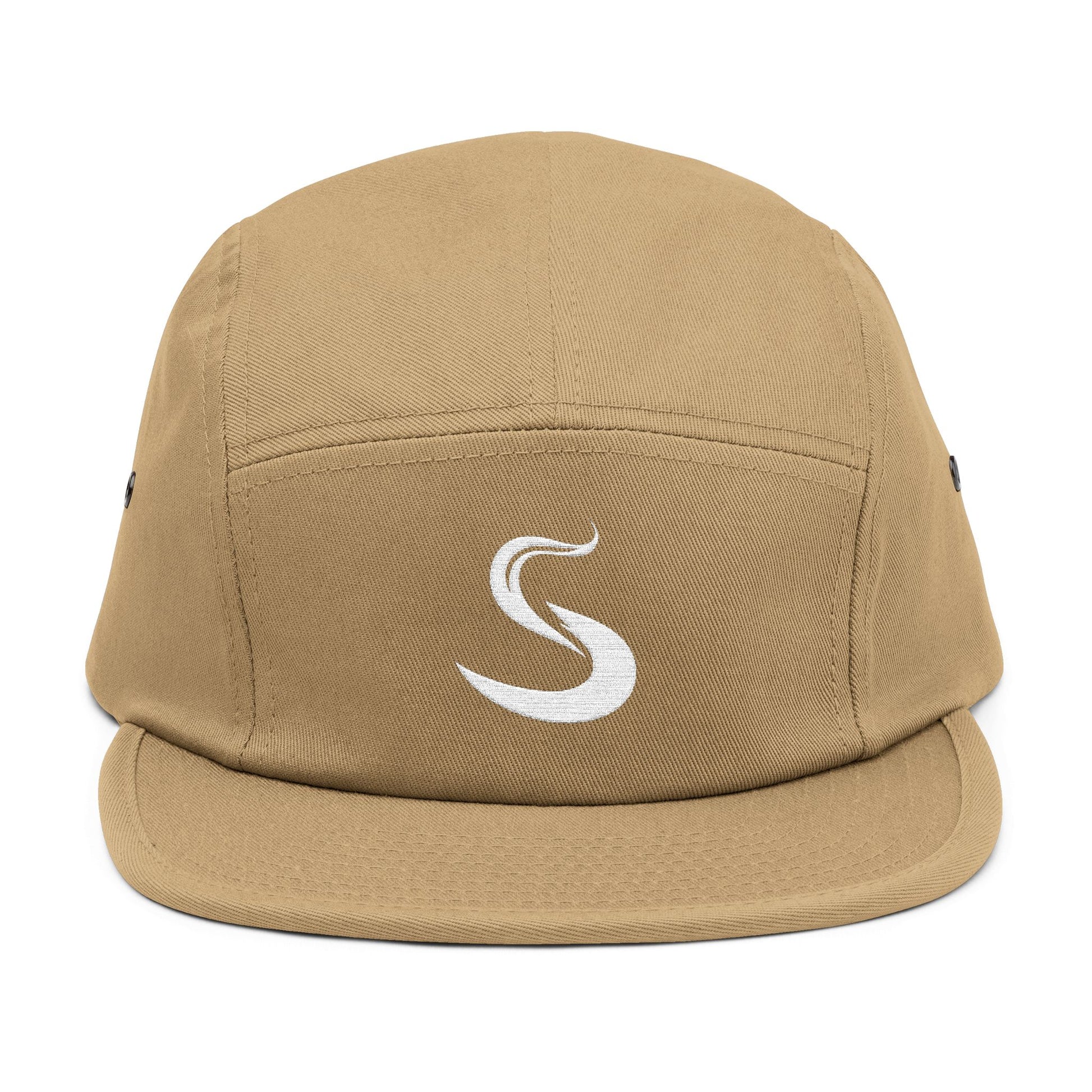 Tan cap with a white logo on a white background. Minimalist S-shaped steam swirl embroidery design in bold white stitched on a 5-panel cap by TEEZOCA