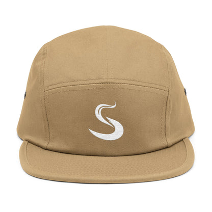 Tan cap with a white logo on a white background. Minimalist S-shaped steam swirl embroidery design in bold white stitched on a 5-panel cap by TEEZOCA