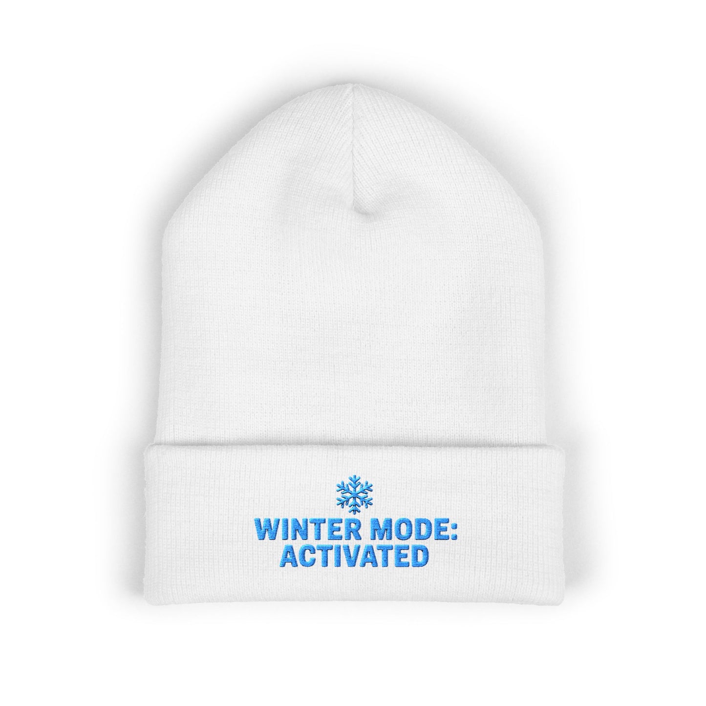 White beanie with blue text 'Winter Mode: Activated' on a white background. Winter Mode Activated embroidered snowflake beanie in soft acrylic knit