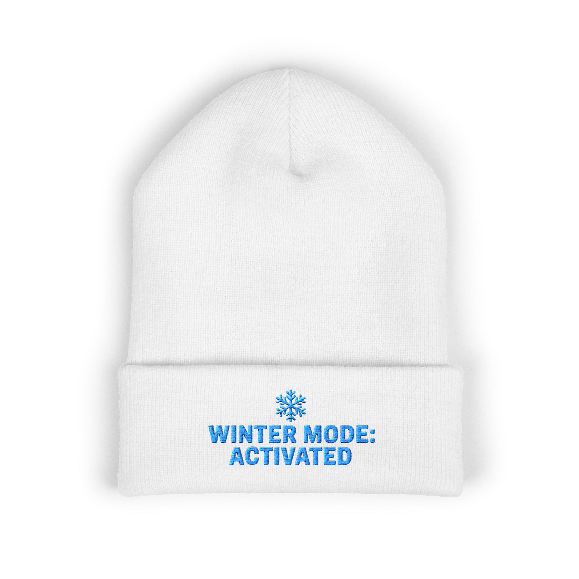 White beanie with blue text 'Winter Mode: Activated' on a white background. Winter Mode Activated embroidered snowflake beanie in soft acrylic knit