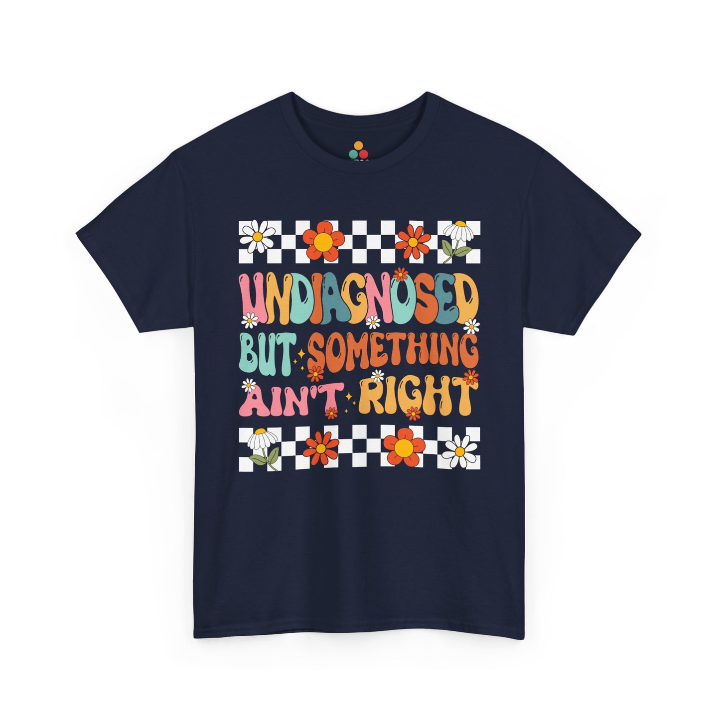 Navy blue t-shirt with colorful text and floral patterns on a white background