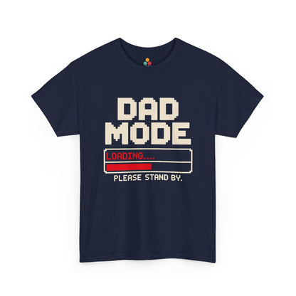TEEZOCA navy “Dad Mode Loading Please Stand By” gamer dad graphic t-shirt displayed flat.