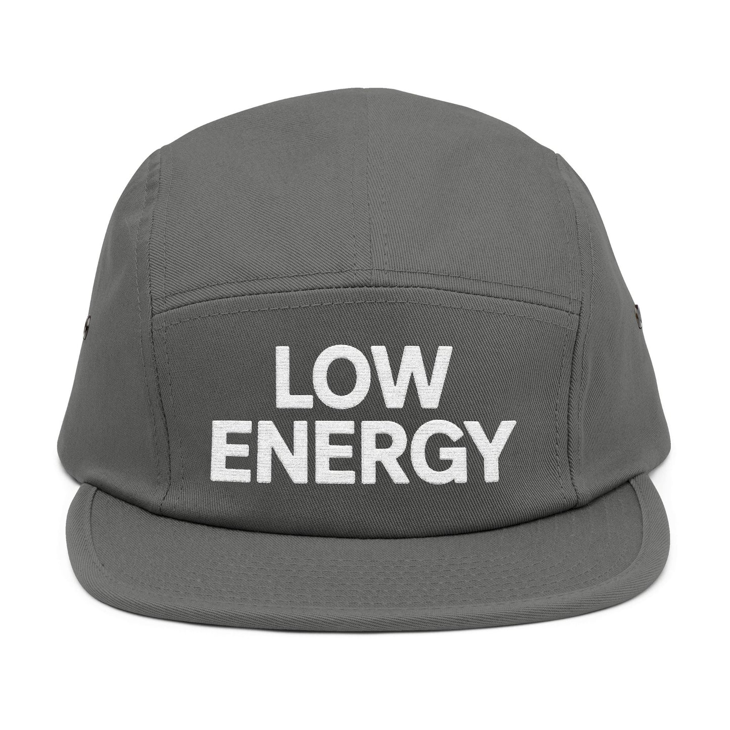 Gray cap with 'LOW ENERGY' text on a white background. Low Energy embroidered text on five-panel cap minimalist design. TEEZOCA