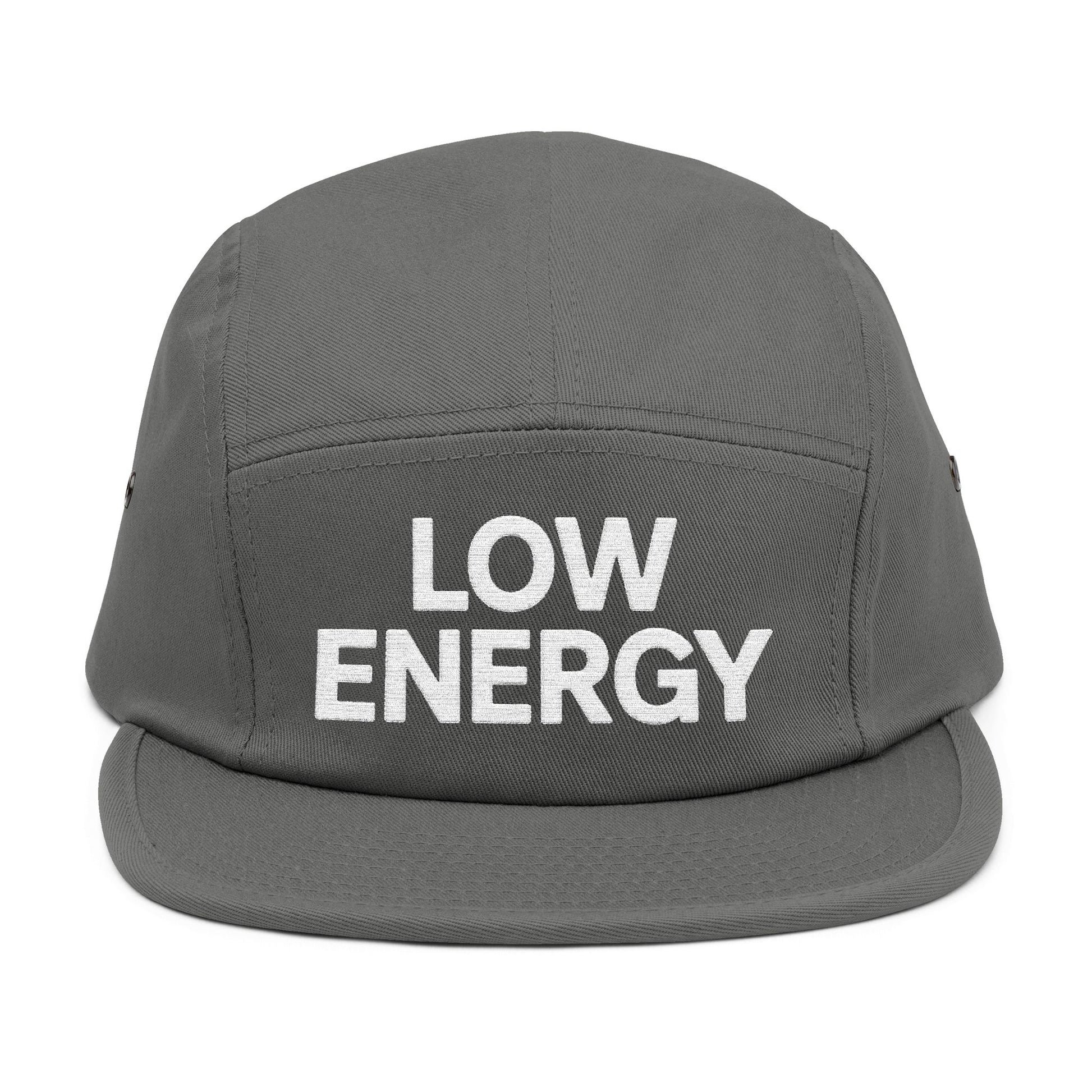 Gray cap with 'LOW ENERGY' text on a white background. Low Energy embroidered text on five-panel cap minimalist design. TEEZOCA