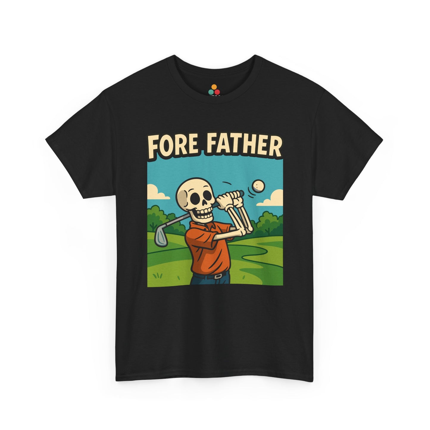 “Black t‑shirt with cartoon skeleton golfer swinging a club on a green course and the caption ‘FORE FATHER’ above, flat front view.”

