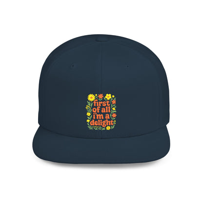 Navy blue cap with colorful floral design and text on a white background