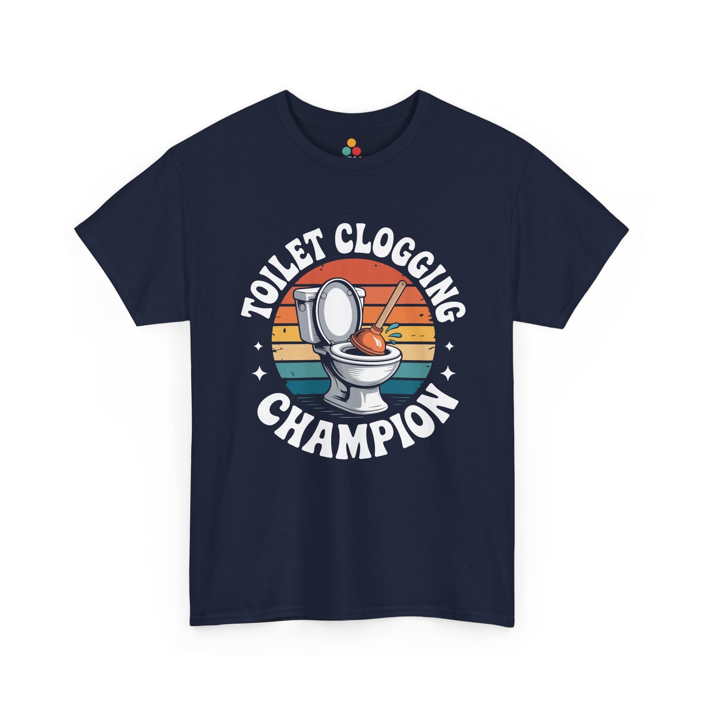 TEEZOCA navy “Toilet Clogging Champion” vintage joke t‑shirt displayed flat.