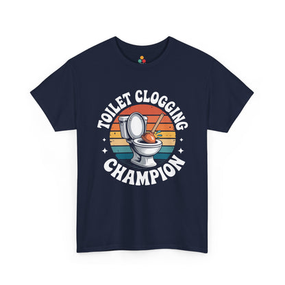 TEEZOCA navy “Toilet Clogging Champion” vintage joke t‑shirt displayed flat.