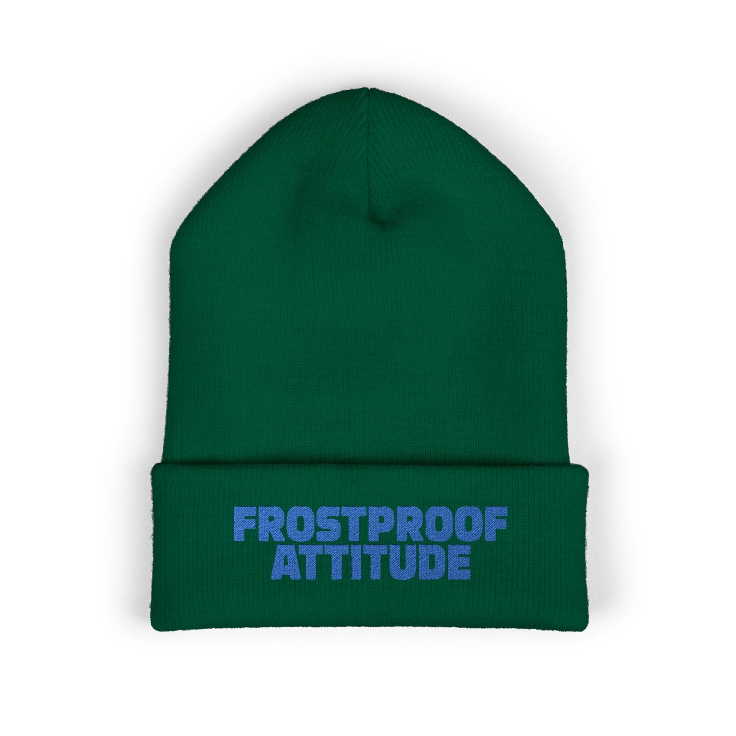 Green beanie with 'Frostproof Attitude' text on a white background