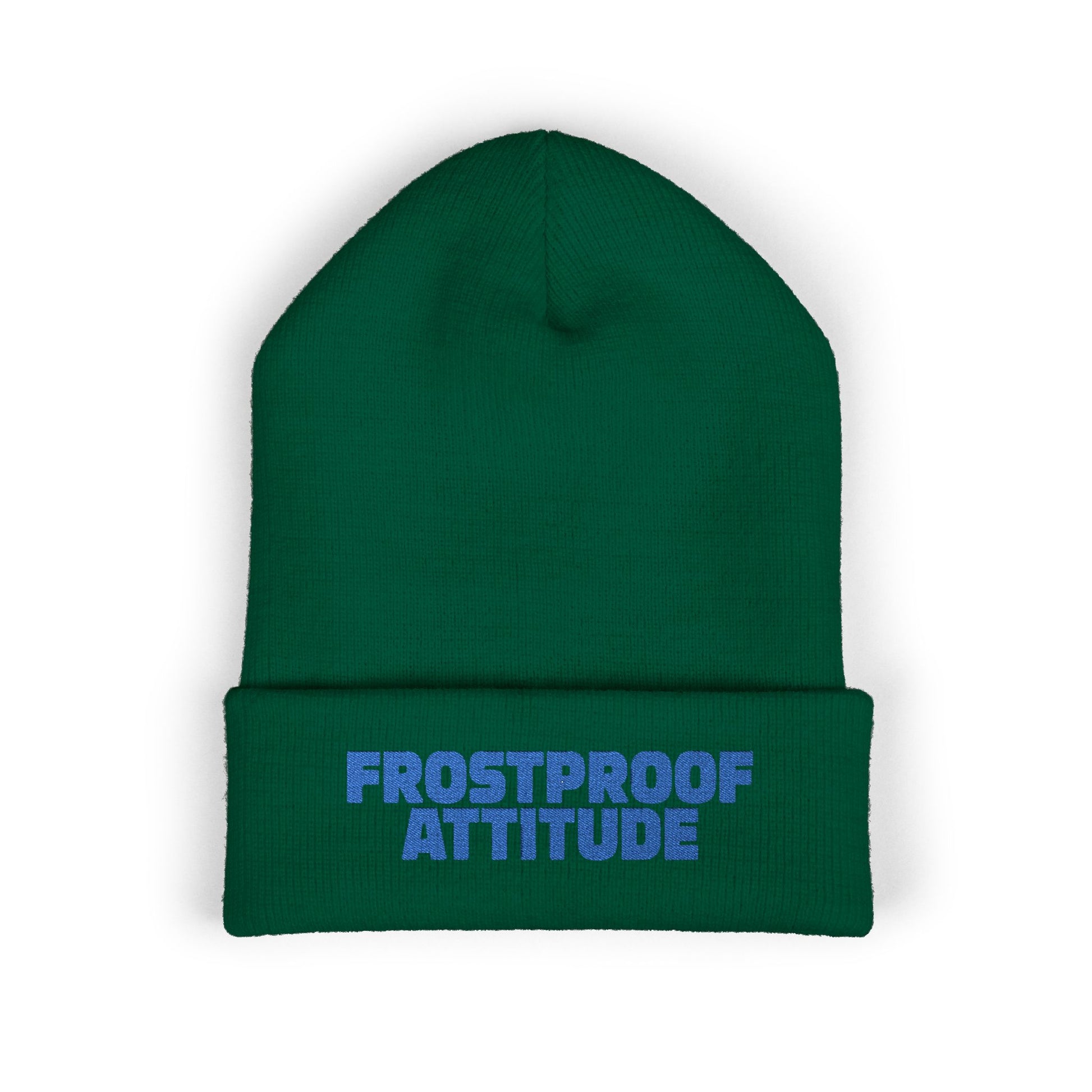 Green beanie with 'Frostproof Attitude' text on a white background