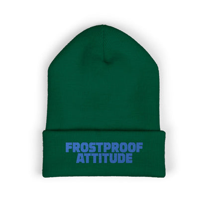 Green beanie with 'Frostproof Attitude' text on a white background
