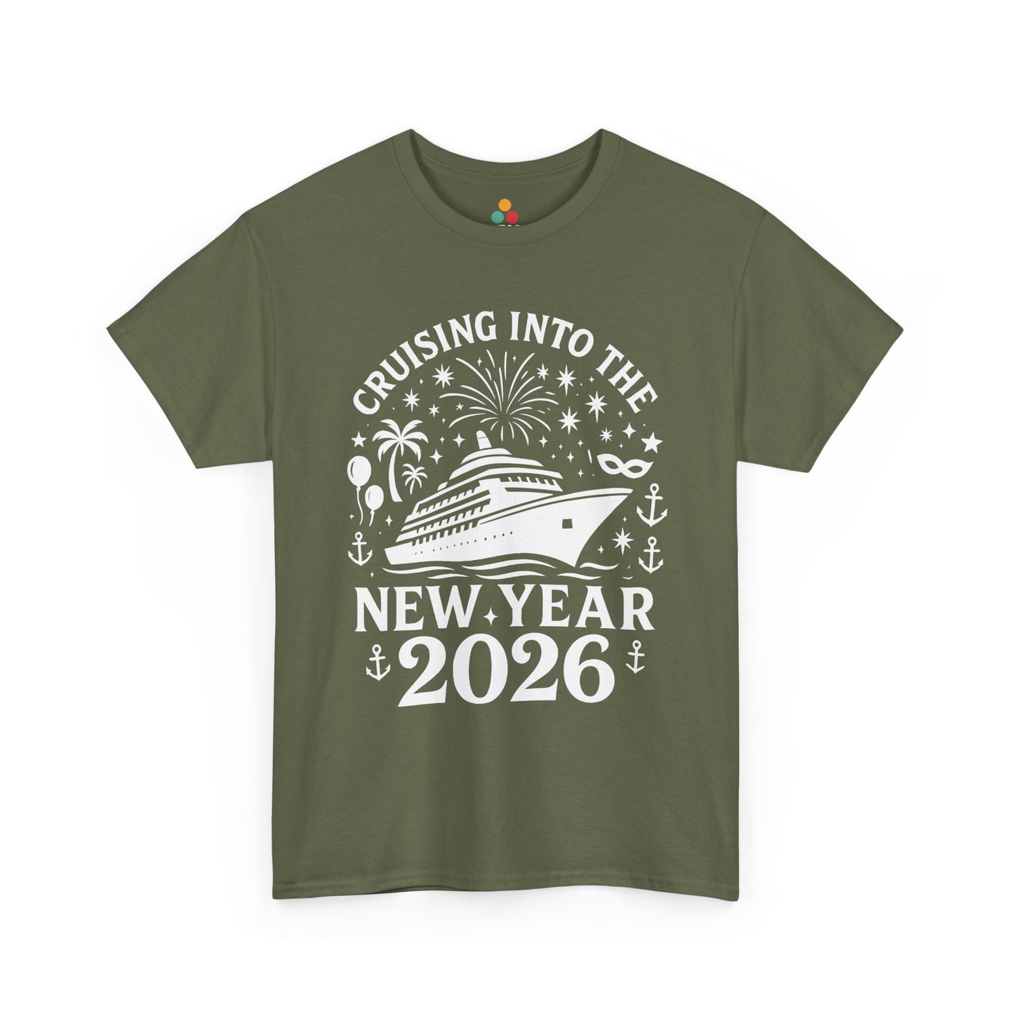 Green t-shirt with New Year's design featuring a cruise ship and text on a white background