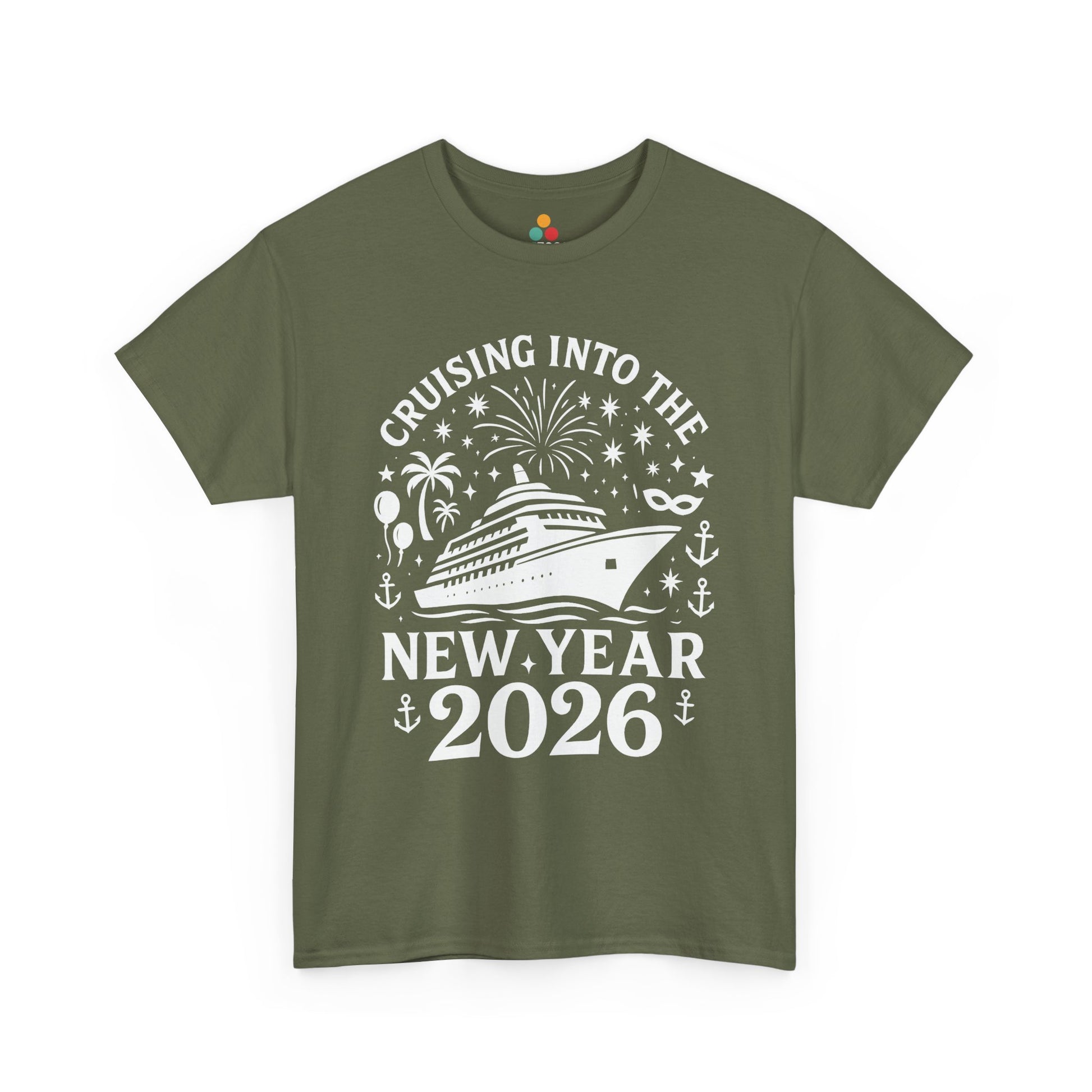 Green t-shirt with New Year's design featuring a cruise ship and text on a white background