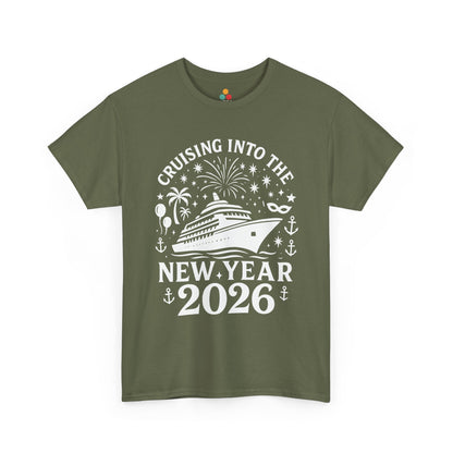 Green t-shirt with New Year's design featuring a cruise ship and text on a white background