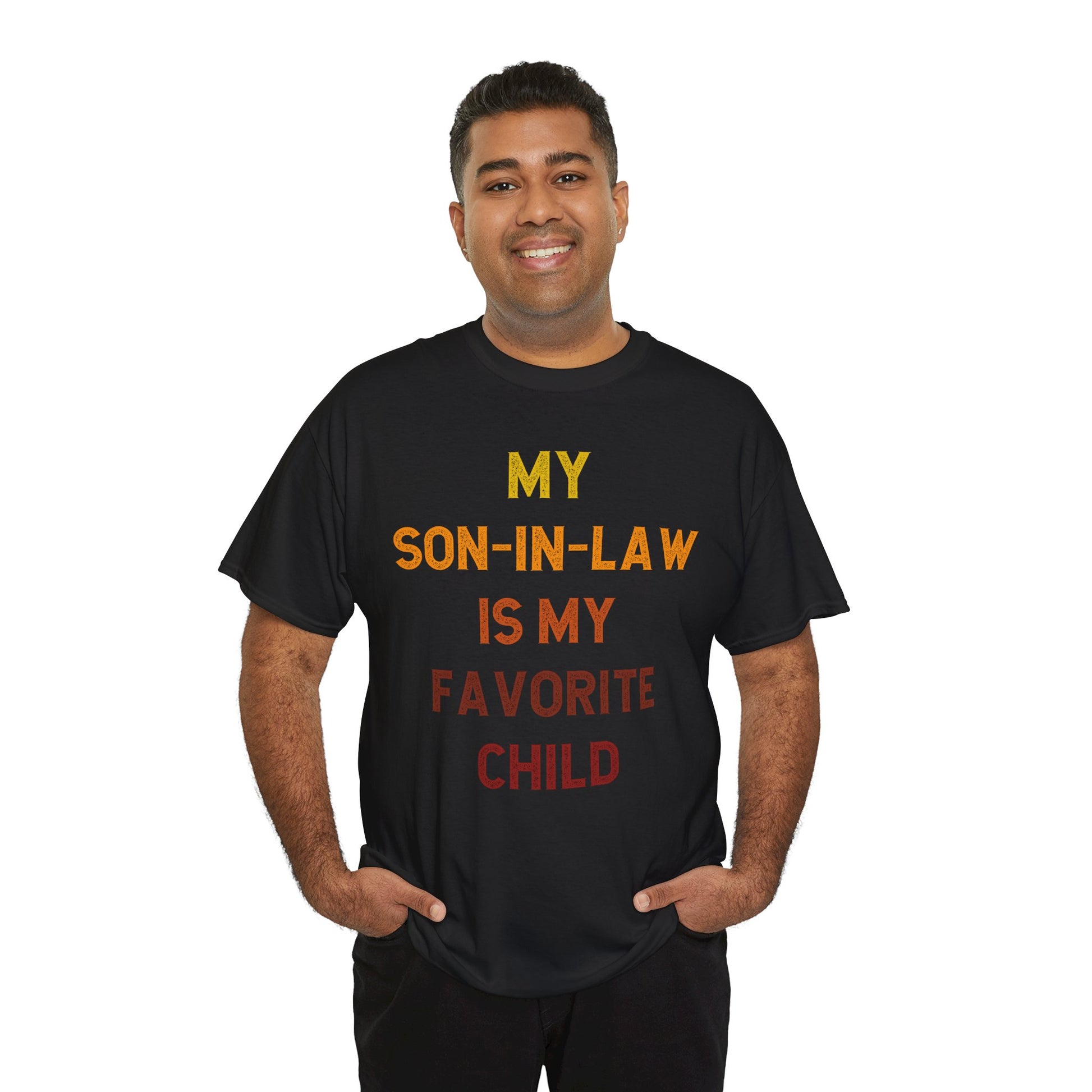 Man wearing a black TEEZOCA “My Son‑In‑Law Is My Favorite Child” funny parents shirt.