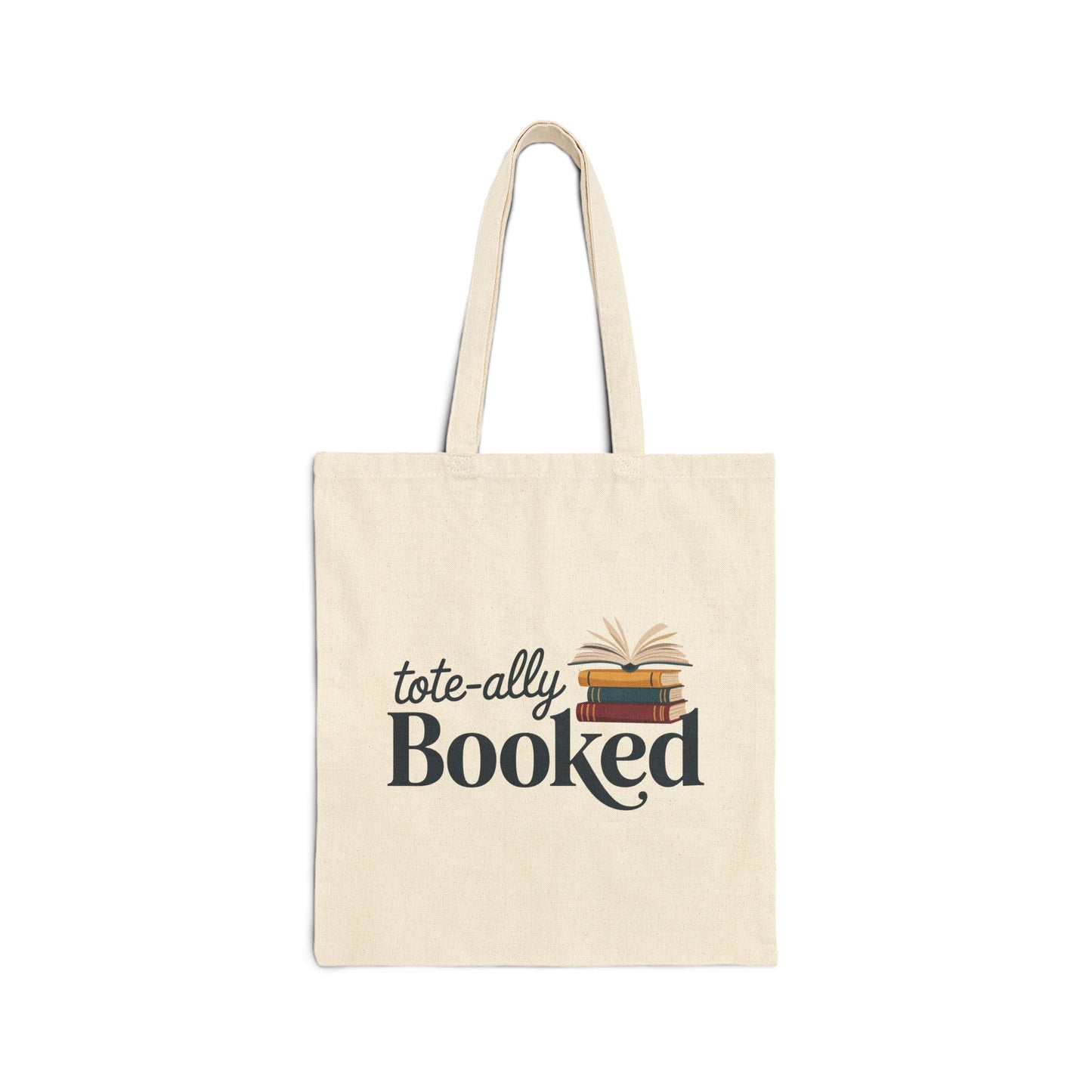 TEEZOCA tote bag with Totally Booked text and stacked books illustration