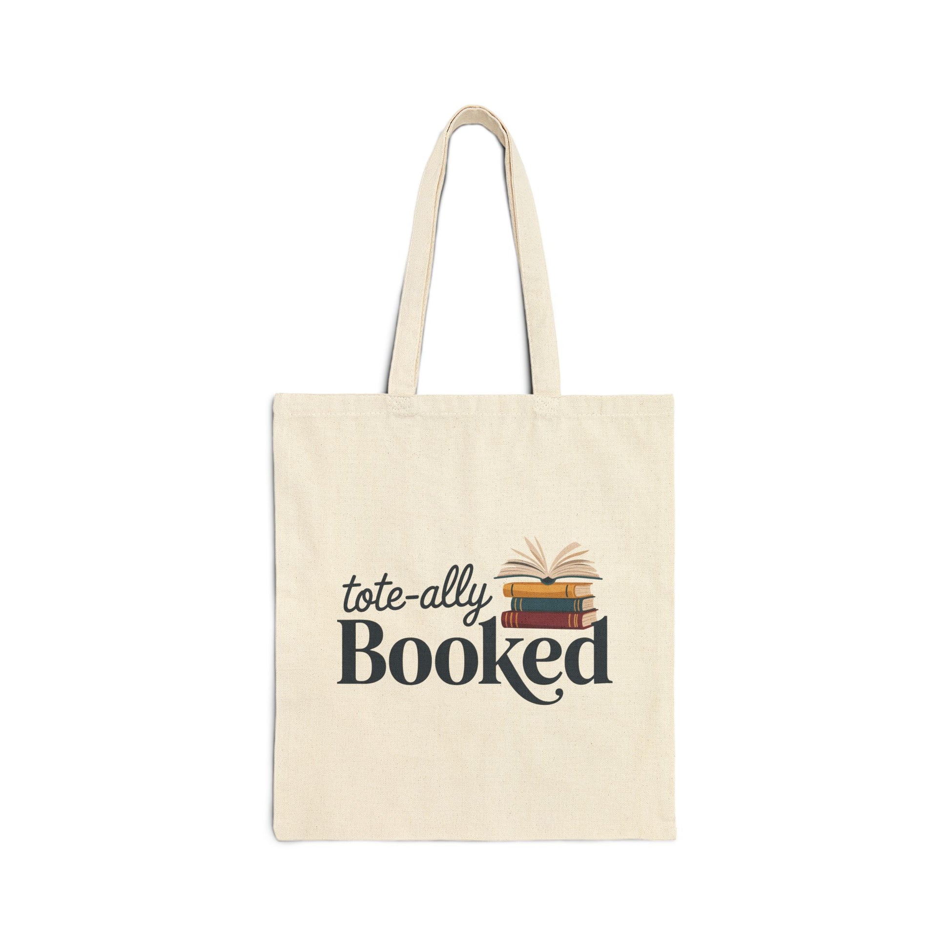 TEEZOCA tote bag with Totally Booked text and stacked books illustration
