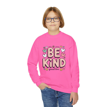 Be Kind Youth Crewneck Sweatshirt — Cute Heart Graphic, Spread Love Kids Sweater TEEZOCA