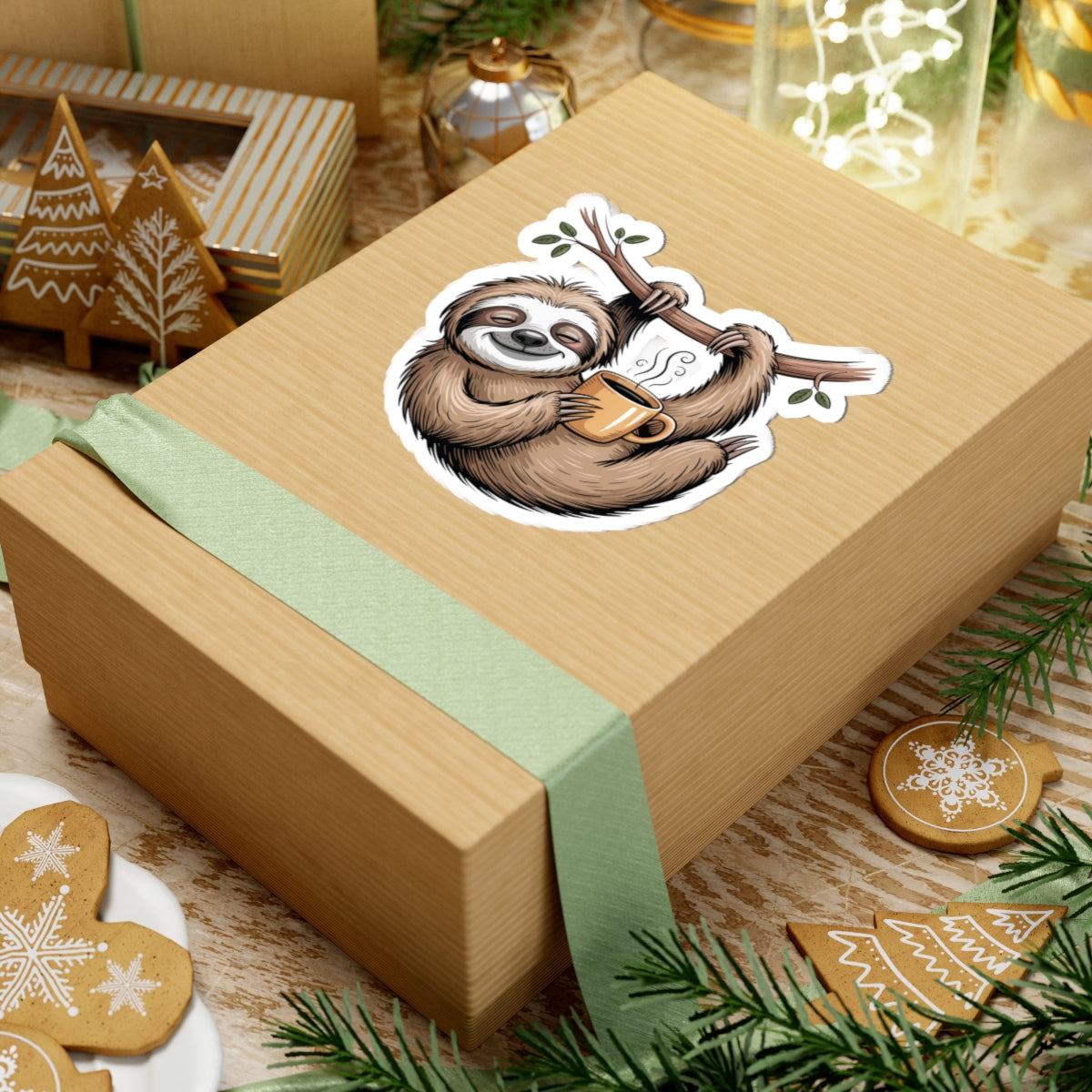 TEEZOCA cozy sloth sticker featuring a sleepy cartoon sloth enjoying coffee