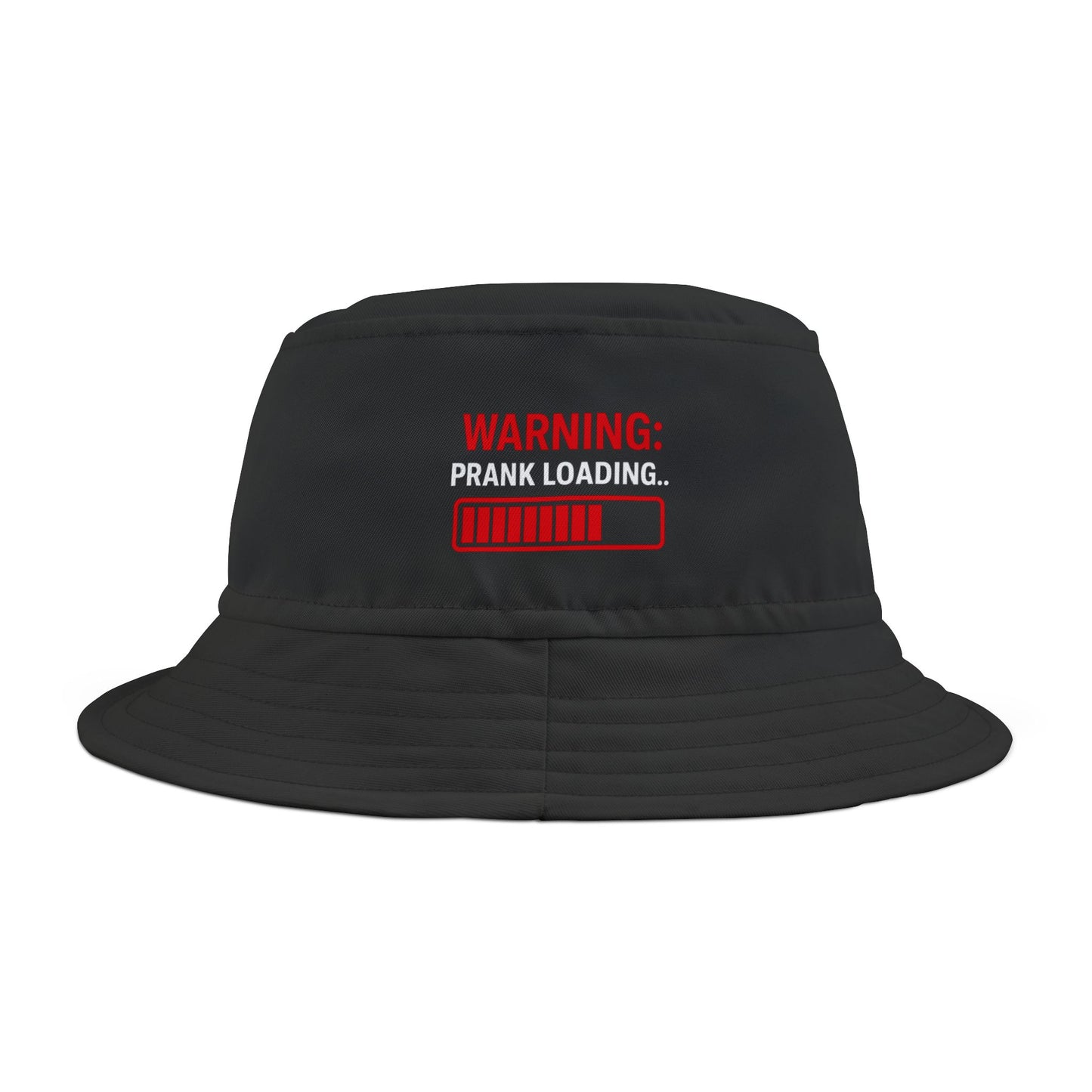 Funny black bucket hat with 'Warning: Prank Loading...' text on a white background. TEEZOCA