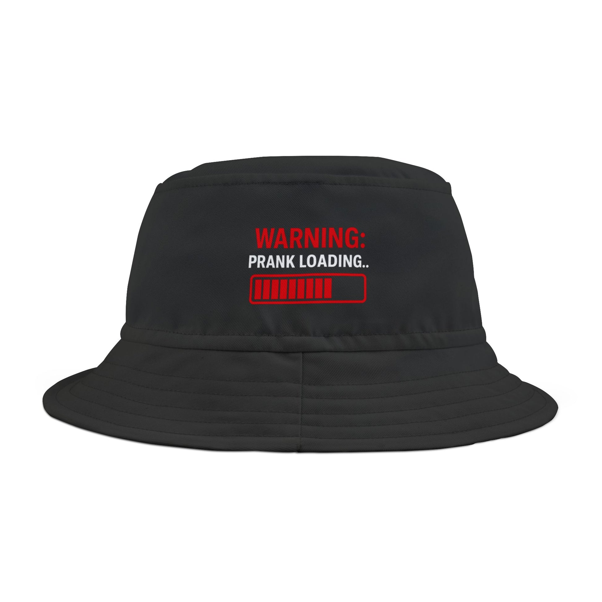 Funny black bucket hat with 'Warning: Prank Loading...' text on a white background. TEEZOCA