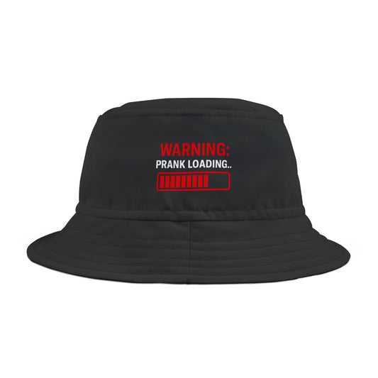 Funny black bucket hat with 'Warning: Prank Loading...' text on a white background. TEEZOCA