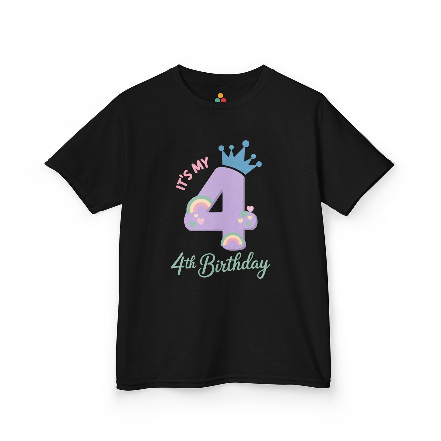 Black kids’ t‑shirt with lavender 4, teal crown, pastel rainbows and hearts, and “It’s My 4th Birthday” text, flat front view.

