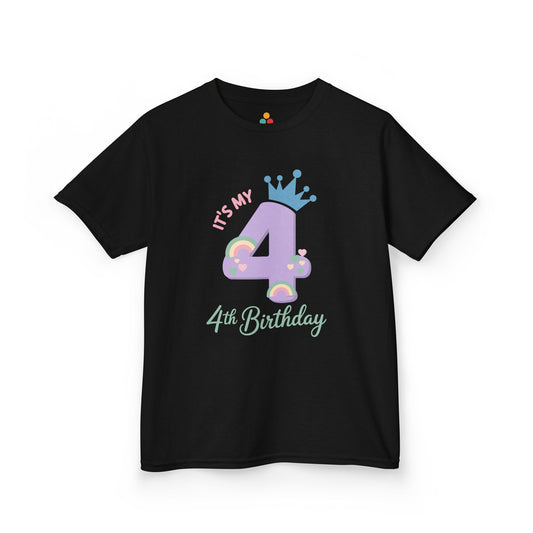 Black kids’ t‑shirt with lavender 4, teal crown, pastel rainbows and hearts, and “It’s My 4th Birthday” text, flat front view.
