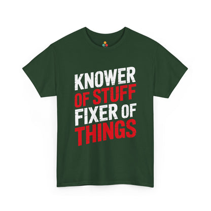 TEEZOCA Funny Father's Day Shirt. Green t-shirt with text 'KNOWER OF STUFF FIXER OF THINGS' on a white background