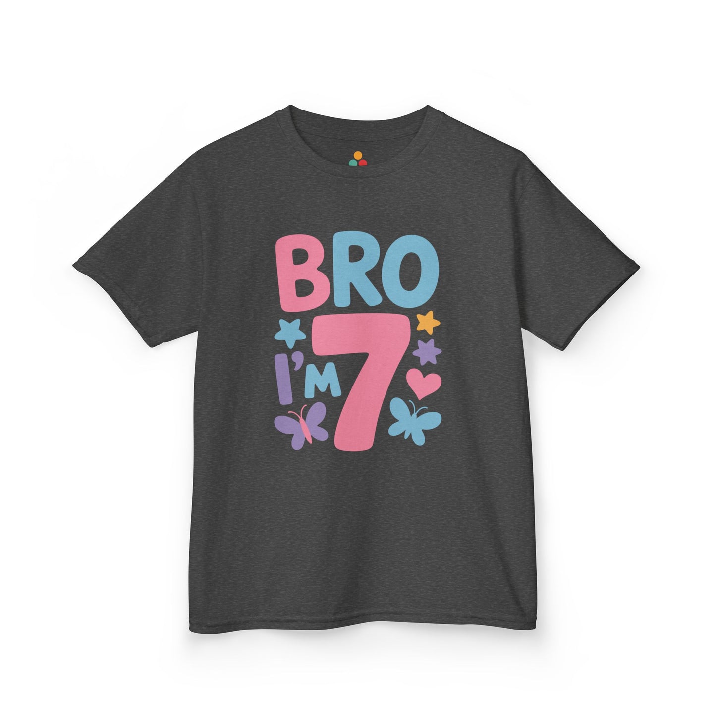 "Charcoal gray Teezoca Bro I'm 7 shirt, cute colorful sibling birthday tee, front view."

