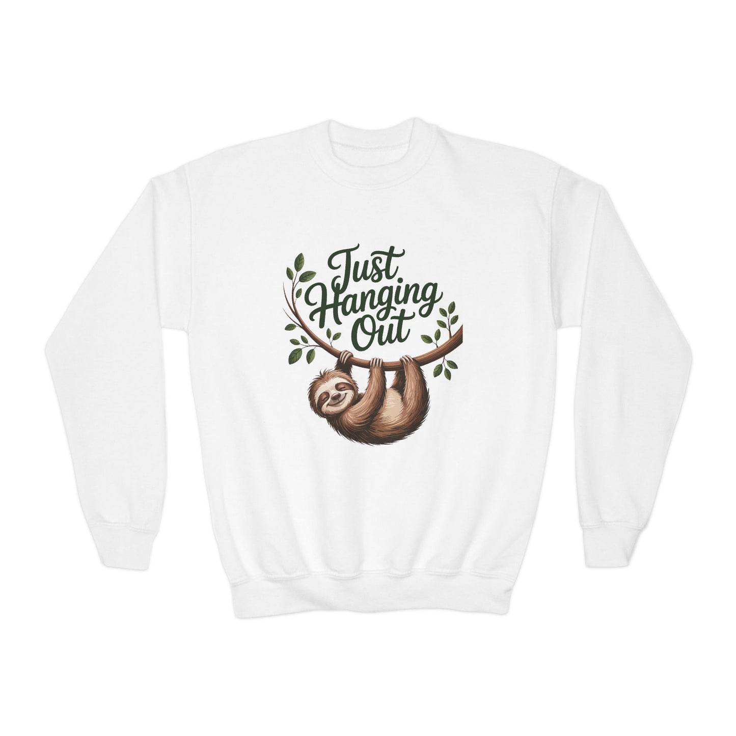 Youth Crewneck Sweatshirt — "Just Hanging Out" Sloth Graphic TEEZOCA