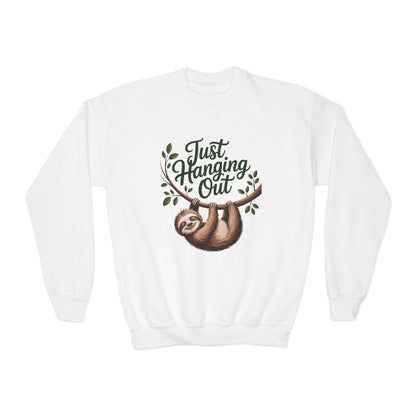 Youth Crewneck Sweatshirt — "Just Hanging Out" Sloth Graphic TEEZOCA