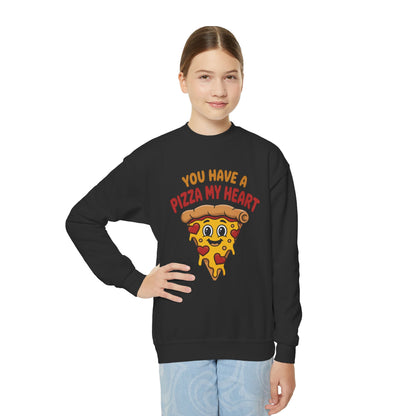 Youth Crewneck Sweatshirt - "You Have a Pizza My Heart" Cute Cartoon Pizza Graphic, Kids Valentine Crewneck TEEZOCA